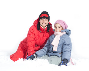 Fototapeta na wymiar Mother with her daughter outside in snow