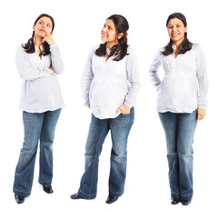 Young pregnant woman standing three full body poses isolated