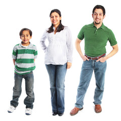 Family of three dressed in casual clothes isolated