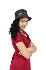 GIRL WITH HAT AND RED DRESS SMILING ON WHITE