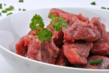 fresh beef lean diced steak in a bowl
