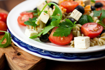 Salad with pasta and feta cheese