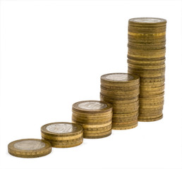 Columns of coins on white background