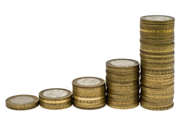 Columns of coins on white background