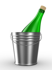 Bottle in bucket on white background. Isolated 3D image