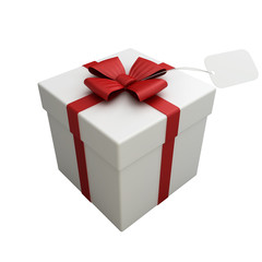 Beautiful Gift Box with Ribbon and Tag on white background