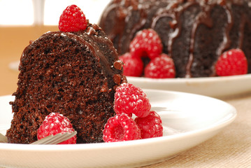 Chocolate fudge cake with raspberries