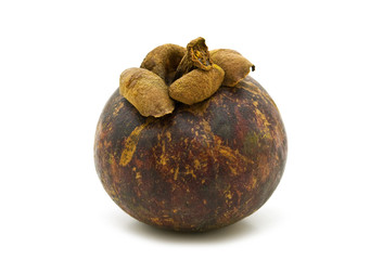 single mangosteen on white background .