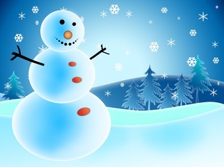 Illustrated snowman, snow, snowflakes, happiness