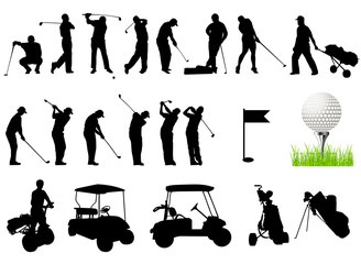 Silhouetten von Männern, die Golf mit Golfball spielen