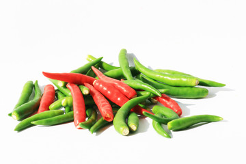 Red and green chili peppers isolated on white, Thailand.