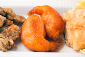 Fried Cob, Battered Artichoke and Prawn Tail