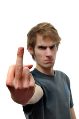 Naklejka premium Angry teen flipping off the middle finger bird gesture