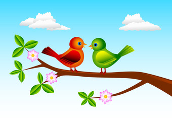 Spring branch with two  birds