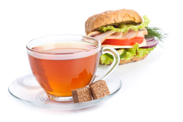 Ham sandwich and cup of tea