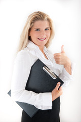 Young beautiful business woman in a suit with folder