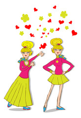 girls, flower, birds and hearts. Spring, summer