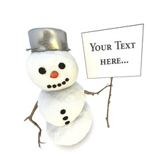 Schneemann mit einem Banner in der linken Hand, isoliert