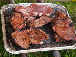 Juicy steaks in camping BBQ