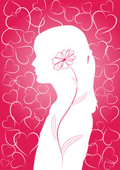 Romantic background with girls silhouette and hearts