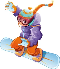 Sierkussen Young snowboarder girl. Vector cartoon sport character. © ddraw