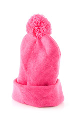 Pink warm winter hat over white background