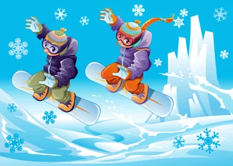 Zelfklevend Fotobehang Snowboarding together. Cartoon and vector sport illustration. © ddraw