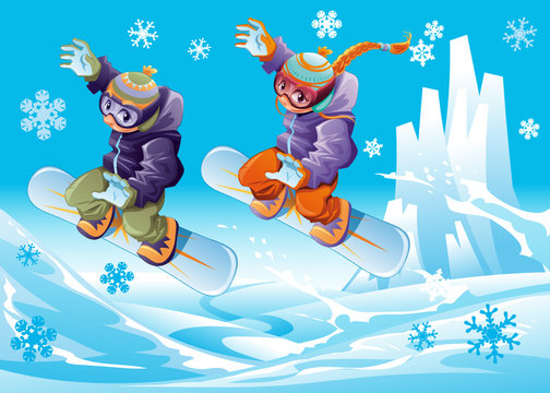 Snowboarding together. Cartoon and vector sport illustration.