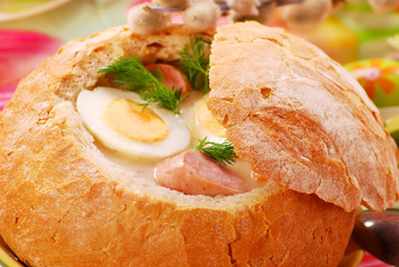 white borscht in bowl of the  bread