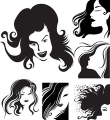 Vector set of closeup silhouette portrait of beautiful woman