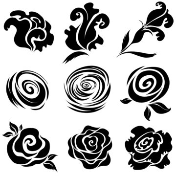 Set of black rose flower design elements