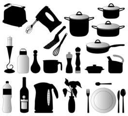 dishes, pan, mixer and other kitchen objects silhouette vector