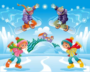 Foto op Canvas Winter scene. Funny cartoon and vector illustration. © ddraw