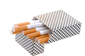 Open pack of cigarettes with the yellow filter