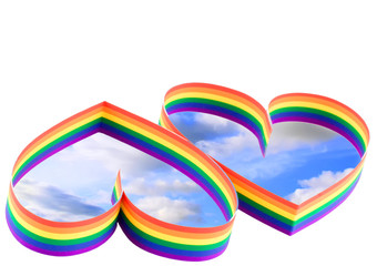 St. Valentine Day.Two hearts, paint of a six-colour gay flag