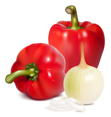 Photorealistic vector of vegetables: onions and red pepper.