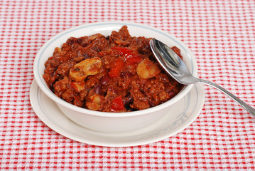 homestyle chili with a spoon