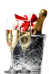 Champagne flutes and ice bucket
