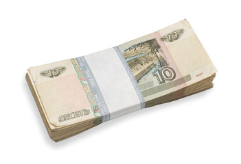 Pack of crumpled ten-rouble banknotes