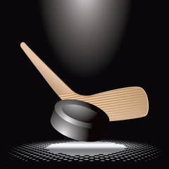 hockey stick and puck under spotlight
