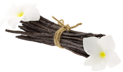 botte ficelée vanille Bourbon fleurs frangipanier fond blanc