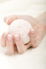 Healthy hands with perfect french nail manicure with soap