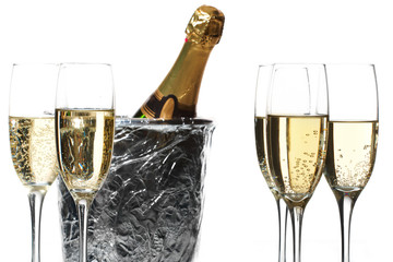 Champagne flutes and ice bucket