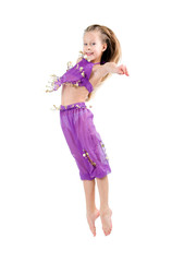 young girl doing gymnastics over white background