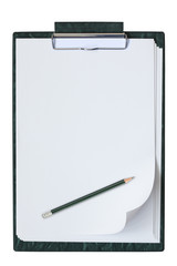 Clipboard with a sheet of paper.