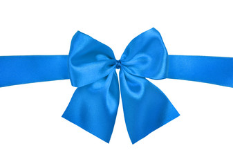 blue gift satin ribbon bow on white background