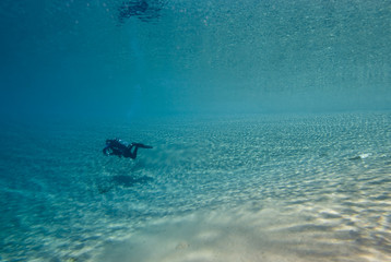 Diver in clear blue water