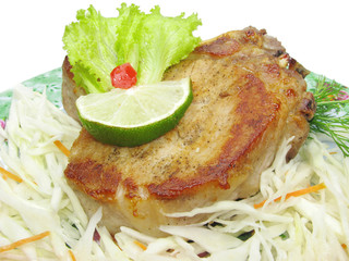 cooked meat with cabbage salad