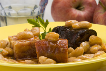 Asturian ham and beans. Spanish cuisine. Fabada asturiana.