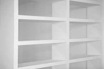 bookshelf in white empty blank shelfs